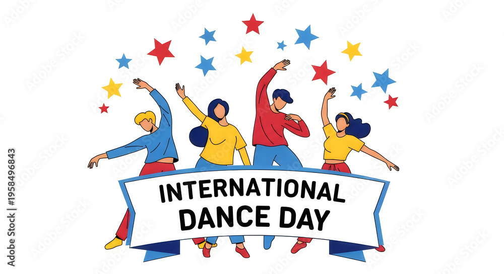 Fototapeta premium International dance day illustration with people dancing and colorful stars isolated on white background