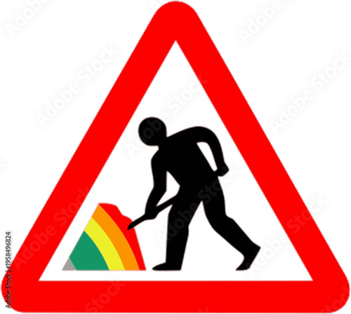 Roadworks warning sign with worker digging rainbow, construction concept icon