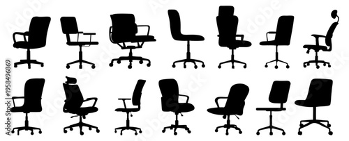 Black silhouettes of office chairs in various styles. Some have wheels, others have armrests or high backs. Chairs arranged in two rows, facing different directions. Ideal for design, corporate