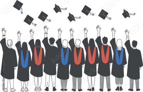 Diverse Group Of Students In Graduation Gowns Tossing Their Caps Into The Air In Celebration