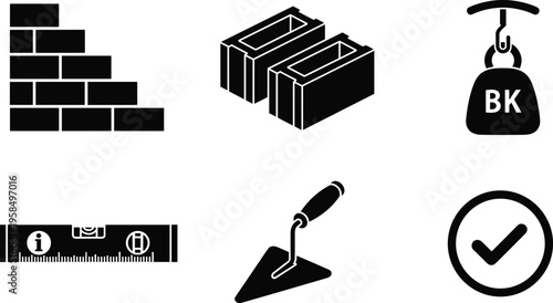 Construction icons set including bricks, concrete blocks, crane hook weight, level ruler, trowel and check mark for building and engineering concepts