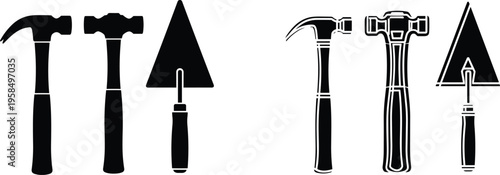 Hammer and trowel tool silhouettes set, construction equipment icons for masonry work, building repair, renovation, and professional handyman toolkit illustration