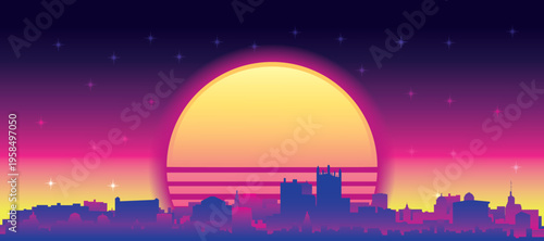 Purple generic retro futuristic synthwave panoramic poster of the city skyline with misty background sunset buildings of PITTSBURGH, UNITED STATES