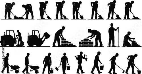 Construction worker silhouettes set performing digging, bricklaying, carrying and equipment operation isolated on white background, industrial labor, building process and worksite activity concept