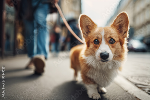 City Stroll with Curious Corgi on Leash Following Owner During Urban