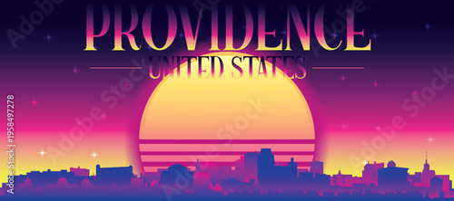 Purple generic retro futuristic synthwave panoramic poster of the city skyline with misty background sunset buildings of PROVIDENCE, UNITED STATES