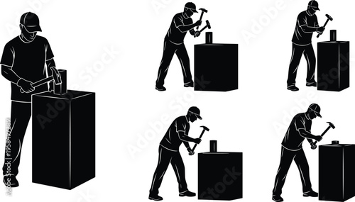 Construction worker silhouettes hammering metal object isolated on white background, industrial labor, manual work, repair process and building tools usage concept illustration