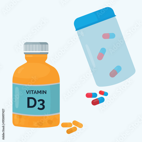 Vitamin D3 and Medicine Capsules Bottles Flat Vector Set Perfect for healthcare, pharmacy, nutrition, and medical concepts