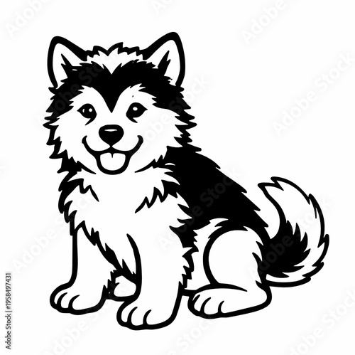 Adorable fluffy husky puppy in black and white with pointed ears and curled tail. Friendly dog illustration for pet branding, kids design, stickers and animal lover projects.