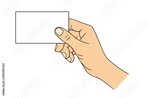 Flat vector illustration of a hand holding a horizontal blank business card. Isolated mockup template for branding, name card design, contact information and print.