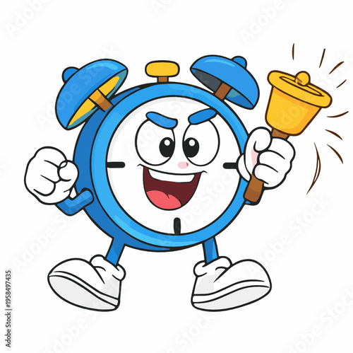 Cheerful alarm clock mascot holding a ringing bell and giving thumbs up. Time management cartoon vector for schedule reminders, punctuality, wake up themes, productivity, and planning.