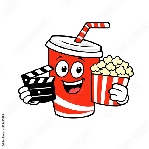 A smiling soda cup and popcorn bucket cartoon duo holding a movie clapperboard. Fun entertainment food illustration fits cinema snacks, film night promotions, and playful branding.