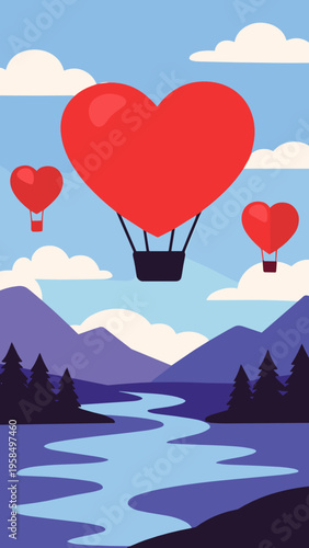 Heart shaped hot air balloons float above a river valley and mountains under soft clouds. Dreamy romantic vector landscape conveys love journey, escape and Valentine travel concept.