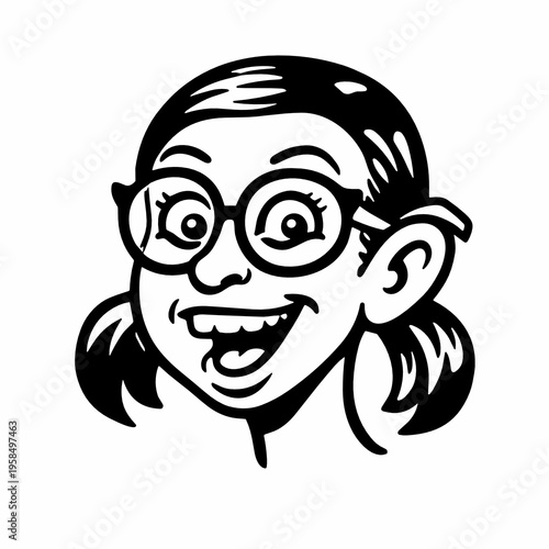 Happy girl with round glasses and pigtails smiles in a playful comic style. Black and white vector face suggests geek charm, excitement, friendliness and quirky personality.