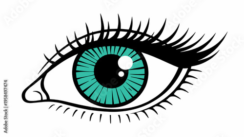 Single stylized eye with bright turquoise iris and dramatic lashes. Elegant vector image for beauty, cosmetics, vision, fashion branding, and expressive decorative design.