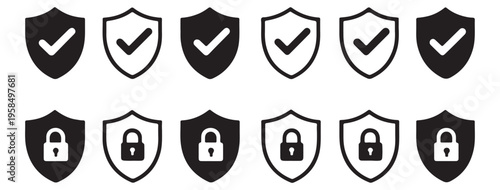 Shield Security Icon Set, vector illustration with protection icons, check mark, and lock elements, ideal for safety interfaces, cybersecurity apps
