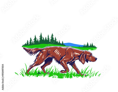 Hunting dog illustration. Irish setter vintage artwork for t shirt. Forest mountain landscape design. Wild and free. Outdoor adventure sticker.