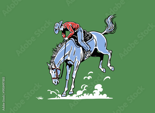 Vintage Cowboy Riding Bucking Horse Illustration for T-shirt Design