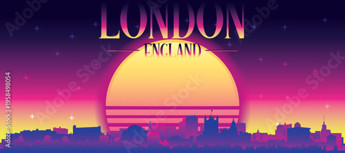 Purple generic retro futuristic synthwave panoramic poster of the city skyline with misty background sunset buildings of LONDON, ENGLAND