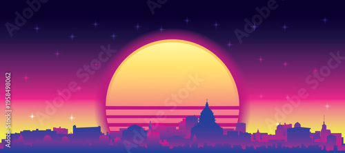 Purple generic retro futuristic synthwave panoramic poster of the city skyline with misty background sunset buildings of PARIS, FRANCE