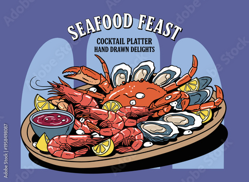 Food club artwork for t shirt print, poster, sticker and other uses. Seafood, crab, shrimp, mussels, oysters, lemon, vector artwork