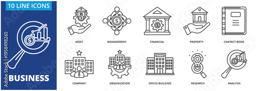 Business icon collection set. Containing Asset, management, financial, property, contact book, company, organization, office building, research, analysis icon. simple line vector.	
