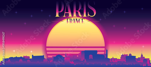 Purple generic retro futuristic synthwave panoramic poster of the city skyline with misty background sunset buildings of PARIS, FRANCE
