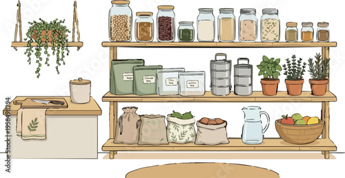 Web Zero Waste Kitchen Pantry Illustration, Sustainable Food Storage with Glass Jars, Bulk Grains and Fresh Produce, Minimalist Eco Friendly Home Setup Vector