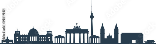 Berlin Germany city skyline silhouette featuring Brandenburg Gate Reichstag Building and TV Tower isolated on white background for European travel and tourism graphic design