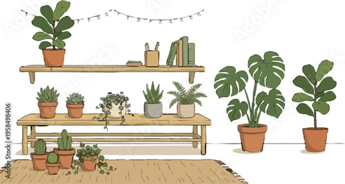 Web Eco Friendly Minimalist Interior with Bamboo Shelving and Many Houseplants, Sustainable Home Decor Vector with Monstera, Fiddle Leaf Fig and Cacti