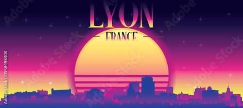 Purple generic retro futuristic synthwave panoramic poster of the city skyline with misty background sunset buildings of LYON, FRANCE