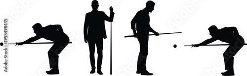 Collection of black billiard player silhouettes featuring men in various snooker poses holding cues and aiming at balls isolated on white for sports design