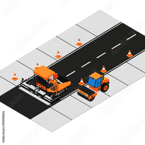 Road Construction Machinery and Orange Safety Cones.