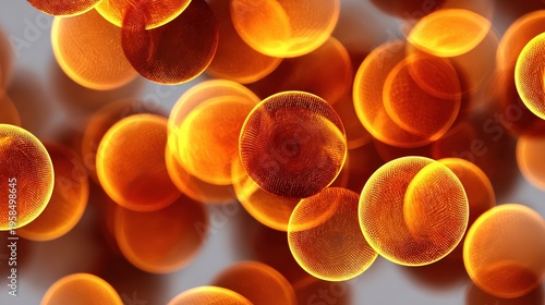 3D Rendered Microscopic Orange-Glowing Blood Cells or Stem Cells in Suspension – Biomedical Research, Medical Science, Biotechnology Background with Depth of Field and Luminous Texture