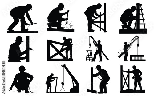 Silhouettes of construction workers performing tasks such as drilling climbing ladders and operating cranes depicted in a minimalist black and white style
