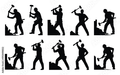 Silhouettes of industrious workers using hammers and pickaxes in dynamic mining poses isolated on a clean white background emphasizing hard labor and physical effort in a bold