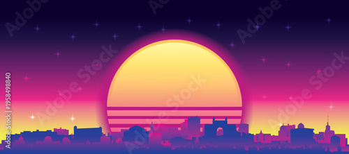 Purple generic retro futuristic synthwave panoramic poster of the city skyline with misty background sunset buildings of MUMBAI, INDIA