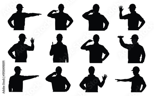 Silhouettes of men gesturing with hands isolated on white background communicating with body language in various poses