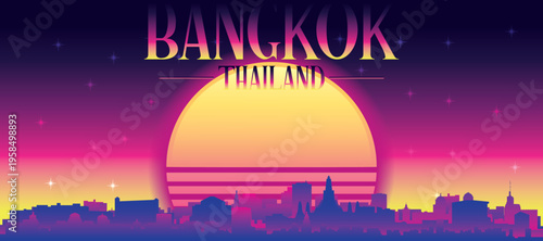 Purple generic retro futuristic synthwave panoramic poster of the city skyline with misty background sunset buildings of BANGKOK, THAILAND