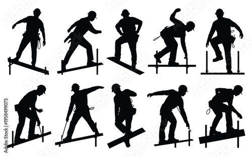 Silhouettes of skateboarders performing various dynamic tricks jumps and maneuvers with detailed poses on isolated background