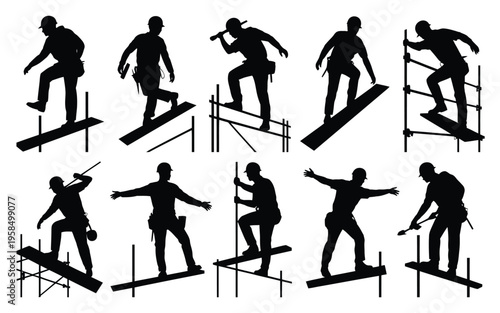 Silhouettes of workers balancing on scaffolding planks while performing construction tasks in dynamic poses emphasizing teamwork and safety