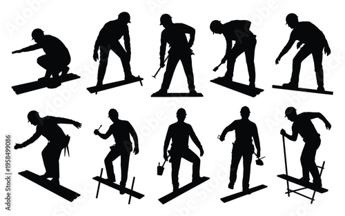 Silhouettes of skiers and snowboarders performing dynamic tricks and poses in winter sports illustration showcasing athletic motion