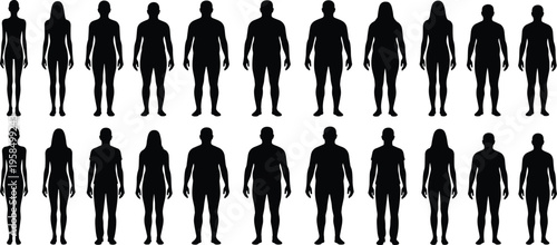 Set of diverse human body silhouettes showing different weight categories and fitness levels from thin to overweight isolated on white background for health infographics