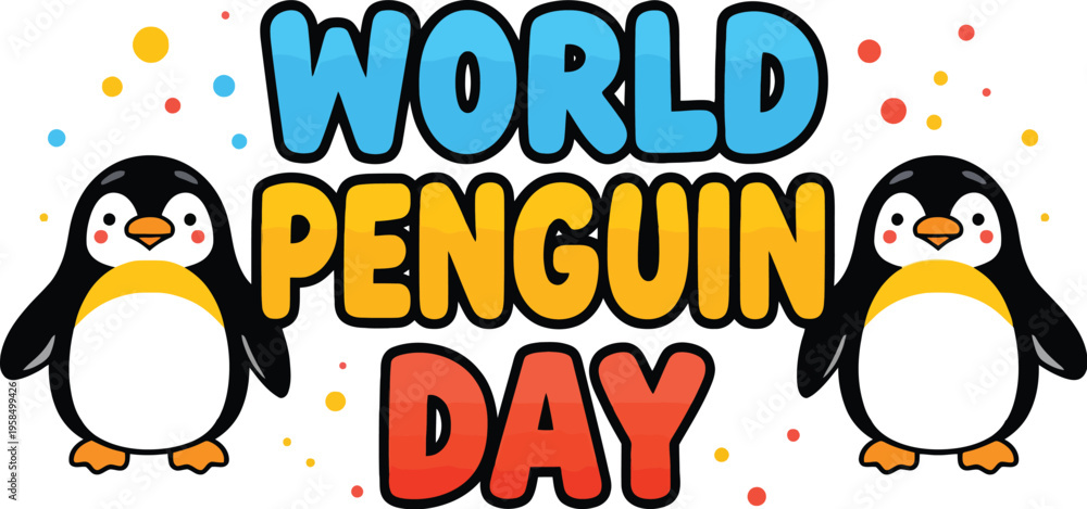 Naklejka premium World Penguin Day vector illustration with cheerful cartoon penguins and colorful confetti design celebrating awareness and nature
