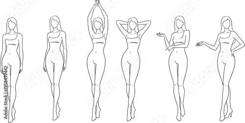 Set of elegant female fashion model line art illustrations featuring various standing poses and body shapes isolated on white background for apparel design and croquis