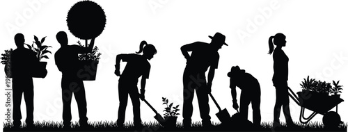 Black silhouette collection of people gardening planting trees and using wheelbarrows on grass isolated on white background for landscape design.