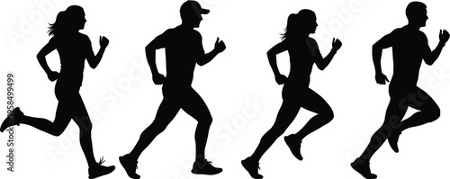 Black silhouette collection of men and women running and jogging in athletic poses isolated on white background for sports fitness.