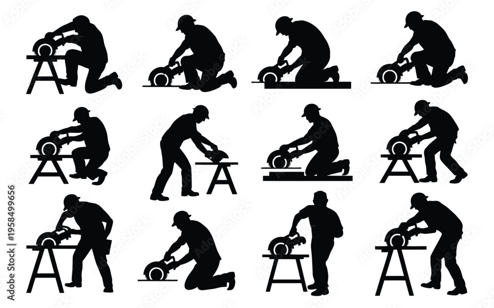 Fototapeta premium Silhouettes of workers performing mechanical tasks on a vehicle using tools in a workshop environment