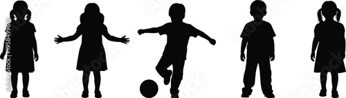 Black silhouette collection of happy children standing and playing soccer with a ball isolated on white background for school projects.