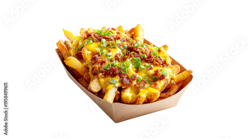 Delicious loaded cheese fries with bacon and green onions in a brown paper container